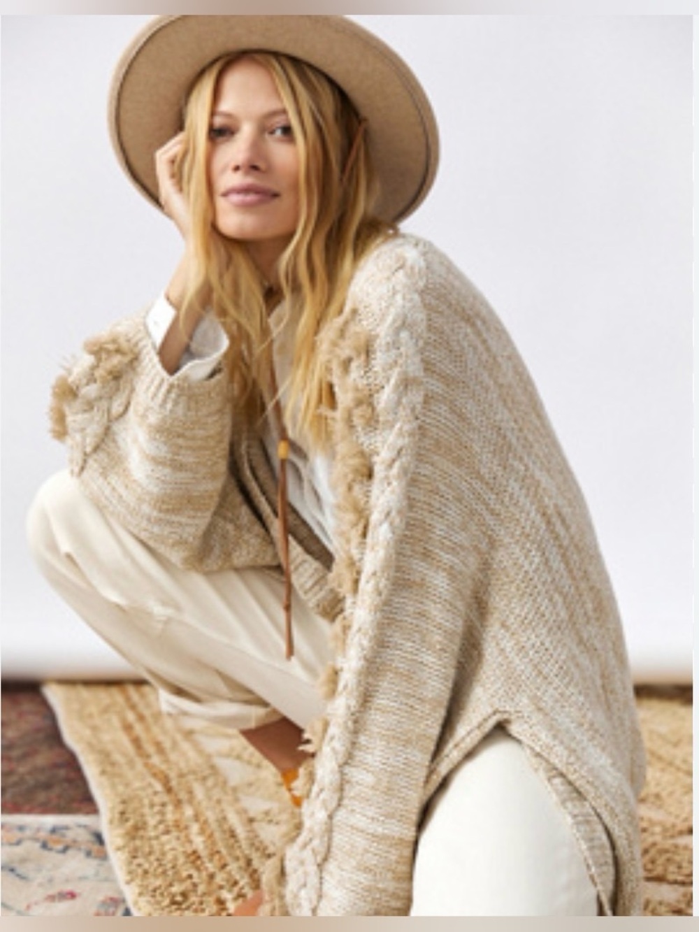 Anthropologie Beige Fringe Open-Front Knit Cardigan with Balloon Sleeves